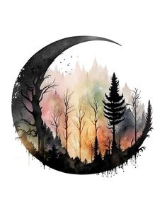 the moon and trees are painted in watercolor