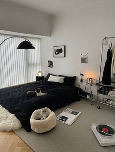 a bedroom with a record player on the floor and a cat bed in the middle