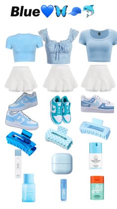 blue and white clothes with shoes, water bottle, shoelaces and other items