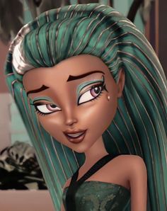 a very cute looking cartoon character with green hair and big blue eyeliners on her face