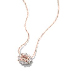 This gorgeous pendant features a natural peach morganite gemstone at its center. A halo of round and marquise natural diamond accents creates a floral look  while 14-karat rose gold perfectly complements the morganite gemstone. A matching rolo chain with a lobster clasp keeps this necklace secure. Rose Gold Marquise Necklace Fine Jewelry, Rose Gold Marquise Diamond Necklace, Rose Gold Diamond Jewelry With Marquise Shape, Rose Gold Marquise Diamond Jewelry, Rose Gold Baguette Diamond Jewelry In Cubic Zirconia, Elegant Rose Gold Morganite Jewelry, Rose Gold Cubic Zirconia Jewelry With Baguette Diamonds, Rose Gold Diamond Necklace With Gemstone For Wedding, Rose Gold Baguette Diamond Fine Jewelry