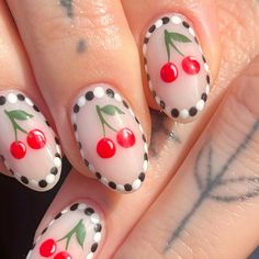 Gabby (Nail Artist) on Instagram: "Sweet as cherries 🍒 💦  inspo @nailartbychlo" Fun Biab Nails, Cherry Checker Nails, Cherries Nail Art, Cherry Red Nail Art, Grease Nails, Simple Fun Nails, Cherry Nails Acrylic, Painted Nail Designs