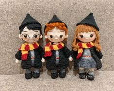 three crocheted harry potter dolls are posed together