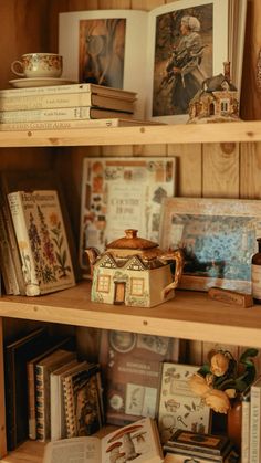 books and other items are on shelves in a bookcase, with pictures behind them