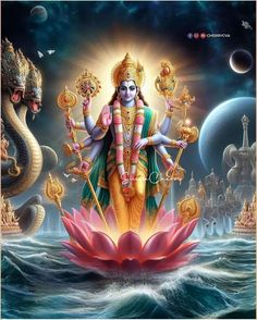 the god is sitting on top of a lotus in front of some other animals and water