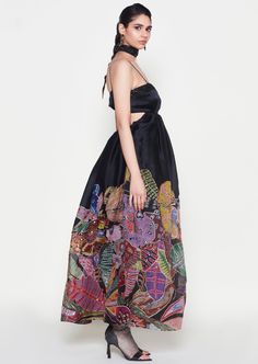 Kinfolk black printed embellished organza sweetheart midriff gathered gown. Gossamer Gown, Black Print, Pins, Black