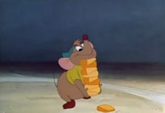 a cartoon character holding a large piece of bread