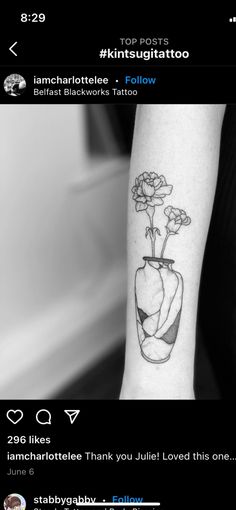 a black and white photo with flowers in a vase on the left arm, which reads