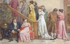 a painting of people standing at the bottom of stairs with one woman in a long dress