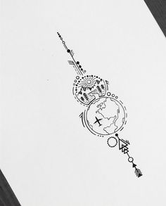 a black and white drawing of a clock with arrows on it's side next to a pen