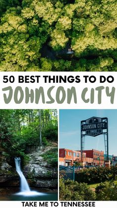 Gallery with photos of things to do in Johnson City, Tennessee. Drone image of forest with campervan (top), waterfall in woods (bottom left), and sign of Downtown Johnson City Tennessee in King Commons Park (bottom right). Center of photo is text overlay with words, "50 Best Things To Do Johnson City" with black and pine green color. Tennessee Waterfalls, Tennessee Road Trip, Adventurous Things To Do, Johnson City Tn, Ultimate Bucket List, Adventure Travel Explore