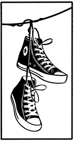 black and white drawing of two shoes hanging on a clothes line with one shoe in the air