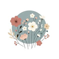 an illustration of flowers in front of a blue circle with white and pink blooms on it