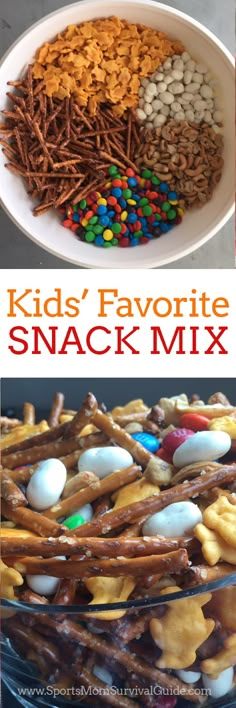 kids'favorite snack mix in a bowl with the words, kid's favorite snack mix