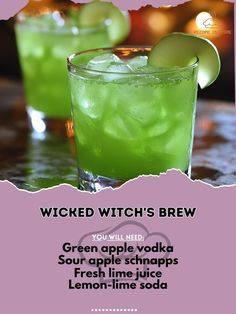 Green apple vodka 2 oz\nSour apple schnapps 1 oz\nFresh lime juice 1/2 oz\nLemon-lime soda 2 oz\nIce as needed\nGreen apple slice for garnish\nCombine green apple vodka, sour apple schnapps, and lime juice in a shaker with ice.\nShake well and strain into a glass filled with ice.\nTop with lemon-lime soda and garnish with a green apple slice.\n#WickedWitchsBrew #WitchyVibes #MagicInAGlass Sour Apple Mixed Drinks, Wizard Of Oz Drinks Alcohol, Green Apple Vodka Cocktails, Green Apple Alcohol Drinks, Sour Alcoholic Drinks, Sour Apple Cocktails, Smirnoff Ice Green Apple, Green Apple Cocktails, Bday Drinks