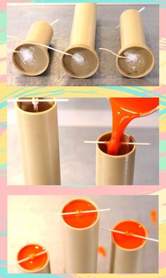 three pictures showing how to make an orange vase with toothpicks and glue on it