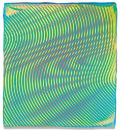 an abstract painting with blue, yellow and green stripes