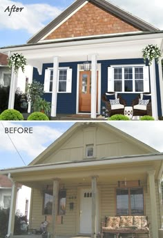 before and after pictures of a house with porches on either side, the front door is open