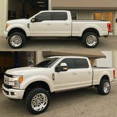 two pictures of a white pickup truck parked in front of a building