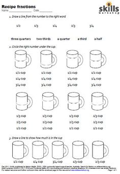 the worksheet shows how to make mugs and numbers for fraction addition practice