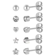 PRICES MAY VARY. TITANIUM STUD EARRINGS for SENSITIVE EARS- Our stud earrings are made of G23 pure titanium. They are hypoallergenic and nickel free for sensitive ears STUD EARRINGS SET - You can get 5 different shapes stud earrings from one order, they are in shapes of heart star round ball and flower to match your daily dressing SIZE- The head of the stud is 4mm. 10mm titanium post lenght with 18g (0.8mm) thickness which comfortable to wear for most ears CUBIC ZIRCONIA STUD EARRINGS- Heart sta Round Cut Cubic Zirconia Heart Earrings For Gift, Hypoallergenic Pink Heart Earrings In Sterling Silver, Valentine's Day Round Sterling Silver Diamond Earrings, Titanium Earring Studs, Silver Star Single Stud Earring, Ear Piercing Studs, Piercing Stud, Earrings For Sensitive Ears, Titanium Earrings