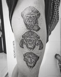 three wise monkeys tattoo on the right thigh