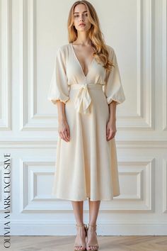 Olivia Mark - Elegant V-Neck Wrap Midi Dress with Tie Waist and Puffed Sleeves Understated Luxury, Wrap Midi Dress, Dress With Tie, Neck Wrap, Puffed Sleeves, Olivia Mark, Puff Sleeves, Timeless Pieces, Elegant Dresses