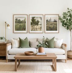 a living room with three pictures on the wall and a coffee table in front of it