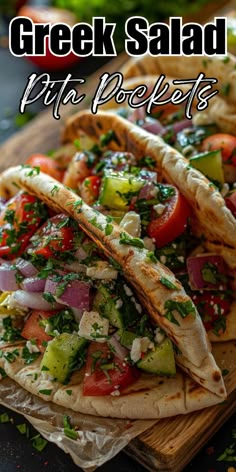 three pita breads with fresh vegetables on top and the title overlay reads greek salad pita pockets