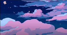 the sky is full of clouds and stars in it, as well as some pink ones