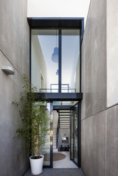 an entrance to a modern house with glass walls and stairs leading up to the second floor