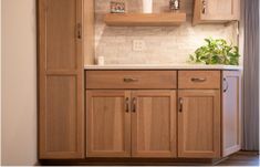 a kitchen with wooden cabinets and white counter tops, along with a potted plant in the corner