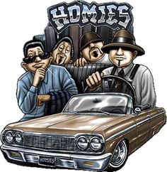 an old car with three men in front of it and the word home on top