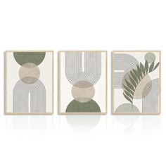 three framed art pieces with different shapes and sizes