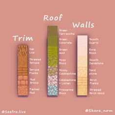 four different types of wall tiles on a pink background with the words roof, trim and floor