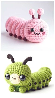 the crocheted caterpillar is laying on its side and it's eyes are