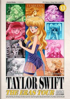 the poster for taylor swift's tour shows her character in many different colors and sizes