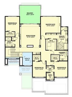 the first floor plan for a house with two levels and three bedroom, one story