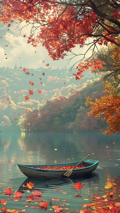 a boat floating on top of a lake surrounded by leaves