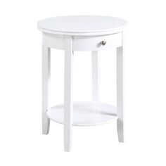 a small white table with one drawer on the side