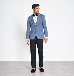 The Light Blue Shawl Jacket Tuxedo has a distinctive color you see once in a light blue moon. Includes black pants. Starts at $145, plus free shipping. Light Blue Jacket Outfit, Prom Tuxedo Ideas, Light Blue Suit Jacket, Black Tie Wedding Guest Attire, Prom Suit Ideas, Midnight Blue Bridesmaid Dresses, White Tuxedo Wedding, Midnight Blue Suit