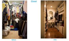 the closet before and after it has been cleaned with clothes on hangers in place