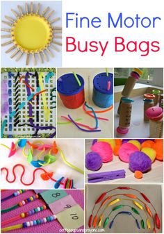 the cover of fine motor busy bags is shown with pictures of toys and craft supplies