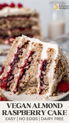 a slice of vegan almond raspberry cake on a plate