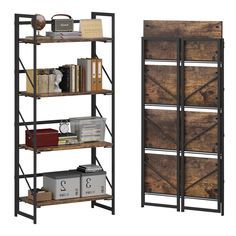 two bookshelves made out of wood and metal