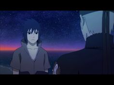 two anime characters staring at each other in front of the night sky with stars above them