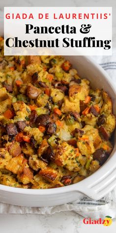 a casserole dish is shown with the title text above it reads, panettoa and cheesnut stuffing