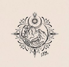 a tattoo design with mountains, flowers and a moon in the middle on a white background