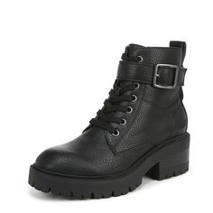 PRICES MAY VARY. Moto-inspired ankle boot VEGAN Faux-leather upper Side zipper entry Lace-up front, decorative metal buckle Lug Sole Booties, Western Ankle Boots, Lug Sole Boots, Lace Up Combat Boots, Decorative Metal, Chunky Platform, Lug Sole, Black Booties, Dress With Boots