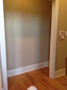 an empty room with hard wood flooring and a white dog laying on the floor